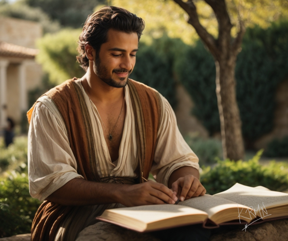 Un hombre sonriente, vestido con ropa que recuerda a la antigua Grecia o Roma, leyendo un libro abierto y sentado al aire libre. La expresión del hombre y su entorno tranquilo pueden simbolizar la paz interior y la búsqueda del conocimiento y el cumplimiento de objetivos, tres aspectos que se alinean con la filosofía estoica.