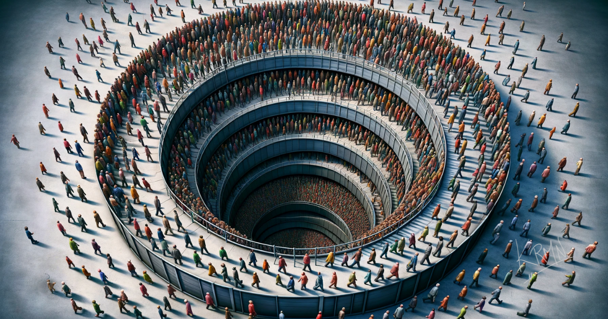 imagen en formato panorámico de un embudo de ventas con una forma real de embudo. En la parte superior, se observa una gran cantidad de figuras humanas representando a los numerosos clientes potenciales. A medida que el embudo se estrecha, el número de figuras disminuye, simbolizando a los clientes que se van perdiendo. En la parte inferior, solo unas pocas figuras llegan al final, representando a los clientes que completan el proceso de compra. Esta imagen busca mostrar visualmente la selección y reducción natural que ocurre en un embudo de ventas. Carmen Miravalls - Mentora de Negocio Especializada en Embudos de Venta Automatizados por email Marketing.